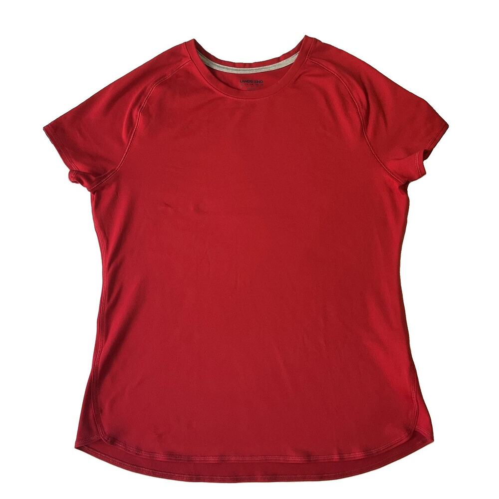 Lands' End Women Shirt M Red Activewear Crew Neck Pullover Short Sleeve Stretch